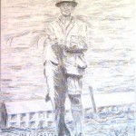 A sketch of Corbett with a Mahseer (by Noel Mascarenhas)